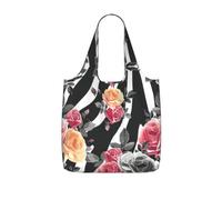 VCzsdff Roses Flower Floral Zebra Stripes Print Foldable Grocery Tote Reusable Market Bag 25l Lightweight Polyester Shoulder Carryall