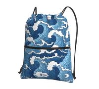 VCzsdff Stormy Sea Print Adjustable Drawstring Sack Bag, Lightweight Foldable Backpack, with Zipper Pocket for Hiking