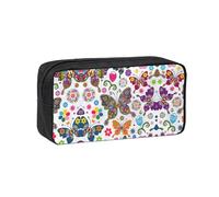VCzsdff White Floral Pattern Colorful Butterflies Printed Pen Case Roomy Stationery Organizer Durable Zip Bag Polyester Pouch for College Work Commute