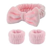 Vdaxvme 1set Elastic Women Shower Hairband & Wristband Cute Bowknot Plush Face Wash Hairband Home Makeup Headband Wristband
