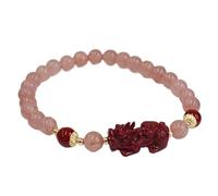 VDCVADKYE Wristband accessories, bracelets， 6mm Red Strawberry Quartz And Cinnabar Bracelet With Rabbit And Fox Charm, Sterling Silver(Red)