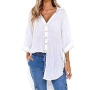 VDDTAGAM Ladies Cotton Linen Shirts Long Sleeve Button Down Shirt Blouses Tops V Neck Summer Casual Beach Vacation Tops Loose Fit Cover Up Blouse Shirts Tunic Top