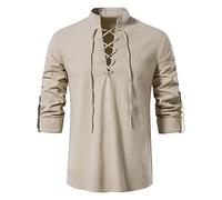 VDDTAGAM Linen Shirt Men Classic Medieval Lace Up Long Sleeve Retro Viking Tops Pirate Costume Scottish Ghillie Shirts Henley-Shirt (Khaki,XL) VD3