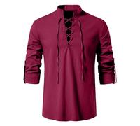 VDDTAGAM Linen Shirt Men Cotton Classic Lace Up Pirate Shirts Long Sleeve Casual Shirt Scottish Ghillie Shirt Medieval Vintage Costume