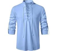 VDDTAGAM Linen Shirts - Men's Casual Black Festival Shirts for Men - Medieval Pirate Vampire Costume (Light Blue, S)