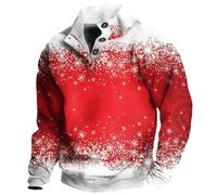 VDDTAGAM Mens Christmas Sweatshirt 1/4 Button on Xmas Tree Pullover Ugly Christmas Jumper Long Reindeer 3D Printed Casual V Neck Jumper Funny Festive Holiday Sweatshirts (vermilion,XXL)