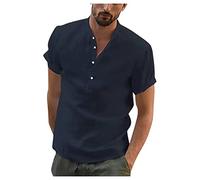 VDDTAGAM Men's Cotton Linen Shirt Short Sleeve Grandad Collar Collarless Henley Shirts Men Solid Color Casual Summer Beach Holiday Button Down Tops (Dark Blue,XXL) VD241