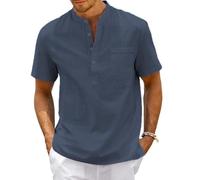 VDDTAGAM Men's Cotton Linen Shirt Short Sleeve Grandad Collar Collarless Henley Shirts Men Solid Color Casual Summer Beach Holiday Button Down Tops (Navy,3XL) VD322