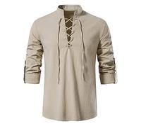 VDDTAGAM Pirate Top Festival Outfit Men Medieval Tunic Linen Shirt Viking Costume Short Sleeve Mens Shirts Pirate Costume Adult Women (Khaki, M)