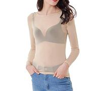 VDDTAGAM Rhinestone Bodysuit Long Sleeve Mesh Top for Women Sheer Shirt Night Out Outfit Lace Corset Top La (Apricot,M)