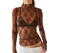 VDDTAGAM Women's Sexy Mock Turtle Neck Long Sleeve Tops Sheer Mesh Ruched Trendy Going Out Shirts Blouse VDD17