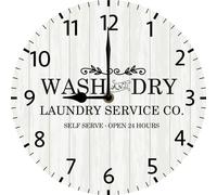 Vdenvileye 25x25 CM Laundry Room Decor Wall Clock, Funny Laundry Wooden Sign, Open 24 Hrs Wash Dry Fold Repeat, Bathroom Wooden Hanging Decoration, Silent Battery Operated Non Ticking