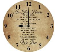 Vdenvileye 25x25 CM Silent Wall Clocks House Rules Wall Clock, In This House Wooden Clock, Inspirational Family Quote Wall Decor for Family Room, Housewarming Gift New Home Decorations