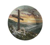 Vdenvileye 26.5cm Melamine Decorative Plate (Includes Metal Hanging Hook) Cross Motif Wall Art Decor Home Accent Rustic-Style Wall-Mounted Display Tray Gift for Christians (Style 7)