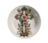 Vdenvileye 26.5cm Melamine Decorative Plate (Includes Metal Hanging Hook) Cross Motif Wall Art Decor Home Accent Rustic-Style Wall-Mounted Display Tray Gift for Christians (Style 9)