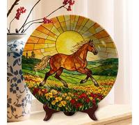 Vdenvileye 26.5cm Stained Glass Horse Patterned Melamine Decorative Plate (Includes Metal Hanging Hook) Rustic-Style Wall-Mounted Display Tray for Home Decor and Wall Art Accents (Style 7)