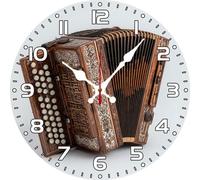 Vdenvileye Accordion Wall Clock 25cm Wooden Round Musical Instrument Clock Silent Battery Powered for Bathroom Bedroom Music Room or as a Gift for Music Lovers