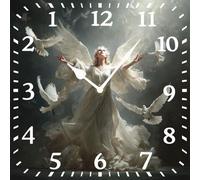 Vdenvileye Angel Clock 25cm Wooden Square Modern Art Wall Clock Silent No Tick Battery Powered for Bedroom Kitchen Living Room Bathroom Wall Decoration (Style 1)