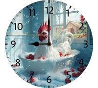 Vdenvileye Bathroom Decoration White Big Rooster In The Bathtub Bath Round Wooden Clock silent No Ticking Sound Power Supply for Bathroom Living Room Farmhouse (25cm)