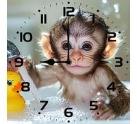 Vdenvileye Bathroom Wall Clock Monkey Bathtub Water Play 25cm Square Wood Wall Decor Quiet No Tick Battery Operated for Kitchen Bathroom Farmhouse