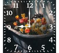 Vdenvileye Bathtub Tulip Wall Clock 25cm Wooden Square Clock for Bathroom Decoration Silent No-Tick Battery Operated for Bathroom Living Room Kitchen and Bedroom