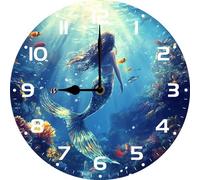 Vdenvileye Beautiful Magic Ocean Mermaid Fish Painting Round Wall Clock Analog Quiet Non Ticking Desk Clock for Home Kitchen Living Room Bedroom Bathroom 25cm