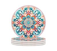 Vdenvileye Beautiful Mandala Set of 4 Coasters for Drinks Absorbing Round Ceramic Stone Coaster with Cork Base,Tabletop Protection Mat for Mugs and Cups,Office,Kitchen