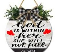 Vdenvileye Bible Verse Sign "God is Within Her She Will Not Fall" 30cm Wooden Round Christian Religious Wreath Home Hanging Decoration for Farmhouse Bedroom Kitchen Living Room Wall Decoration