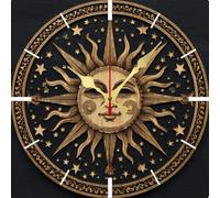 Vdenvileye Black Sun Moon Wall Art Boho Decor Wooden Clcok 30x30 CM Square Wall Clock Small Battery Operated Silent Non-Ticking Home Decoration