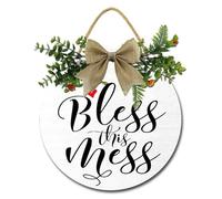 Vdenvileye Bless This Mess Wooden Decorative Plaque, 28cm Round Christian Wreath with Bible Verse DecorationS for Hanging Decoration on Farmhouses Porches and Both Indoor and Outdoor Spaces