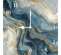 Vdenvileye Blue and Gold Marble Patterned Wall Clock 25cm Square Wooden Modern Minimalist Clock Silent Non-tickling Battery Powered for Farmhouse Bedroom Bathroom Living Room Kitchen Wall Decoration