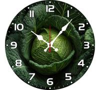 Vdenvileye Cabbage Wall Clock 25cm Wooden Round Kitchen Clock Silent No Tick Battery Powered for Kitchen Dining Room Bathroom Bedroom Wall Decoration