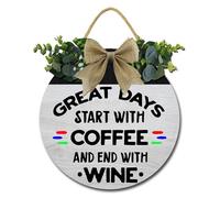 Vdenvileye Cafe Decorative Sign 28cm Wooden Round Hanging Wreath Great Days Start With Coffee End With Wine Sign For Farmhouse Home Kitchen Bar Gifts For Family Friend Coworker
