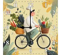 Vdenvileye Cartoon Chef Wall Clock 25cm Wooden Square Kitchen Clock Silent, No Tick-Tock Battery Powered for Farmhouse Kitchen Dining Room Bathroom Bedroom Wall Decoration (Style 10)