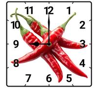 Vdenvileye Chili-Patterned Wall Clock 25cm Wooden Square Kitchen Clock Silent Non-Ticking Battery-Operated for Wall Decor in Kitchens Dining Rooms Bathrooms and Bedrooms