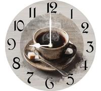 Vdenvileye Coffee Clock 25cm Wooden Round Wall Clock Wall Decoration Silent Non-tick Battery Powered for Kitchen Bedroom Bathroom Living Room