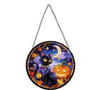 Vdenvileye Crescent Moon Black Cat Maple Stained Glass Window Hanging | Fall Night Black Cat Pumpkin Sun Catcher,25cm Round Glass Ornament for Harvest Window Wall Decor