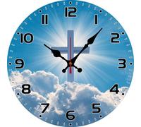 Vdenvileye Cross Clock 25cm Round Wooden Modern Simple Wall Clock Silent No-tick Battery Operated for Living Room Bathroom Decoration or Gift for Christians (Style 2)