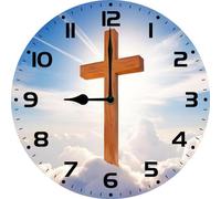 Vdenvileye Cross Clock 25cm Wooden Round Wall Clock Living Room Decoration Silent No Tick Battery Powered fof Living Room Kitchen Bathroom