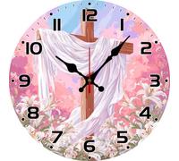 Vdenvileye Cross Themed Wall Clock 25cm Wooden Round Christian Clock Silent No Tick Battery Powered for Bathroom Bedroom Living Room Kitchen Wall Decoration (Style 15)