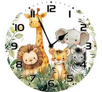 Vdenvileye Cute Baby Animal Wall Clock for Kids Room Round Wooden Battery Operated Non Ticking Wall Clocks for Playroom Homeschool Classroom 25cm