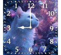 Vdenvileye Cute Cat Wall Clock 25cm Wooden Square Modern Art Clock Silent No Tick Battery Powered for Bathroom Bedroom Kitchen Living Room Office Wall Decoration (Style 2)