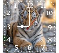 Vdenvileye Cute Tiger Wall Clock 25cm Wooden Square Clock Home Decoration Silent Non-Tick Battery Powered for Bathroom Living Room Kitchen Bedroom Office