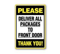 Vdenvileye Deliver All Packages To Front Door Metal Sign 14x20cm Rust Free Metal Aluminum Signs for Indoor Outdoor Street Road Pre-Drilled Holes Weather Resistant