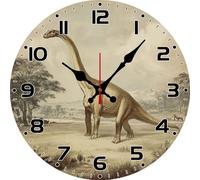Vdenvileye Dinosaur Themed Wall Clock 25cm Wooden Round Vintage Clock Silent Battery Powered for Farmhouse Bathroom Bedroom Living Room Kitchen Kitchen Wall Decoration (Style 2)