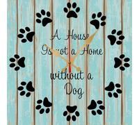 Vdenvileye Dog Theme Wall Clock - Paw Print Design Wall Art - House Is Not A Home Without A Dog - Dogs Lover Gift Pet Home Decor 30x30 CM Square Wooden Clocks Silent Non-tick Battery Powered