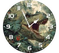 Vdenvileye Ferocious Dinosaur Wall Clock 25cm Round Wooden Silent Non-Ticking Battery Operated Clocks for Home Bedroom Living Room