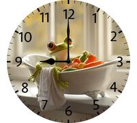Vdenvileye Frog Bathtub Fun Wall Clock Wooden Round Silent Bathroom Clock Battery Powered No Ticking for Bathroom Kitchen Living Room (25cm)