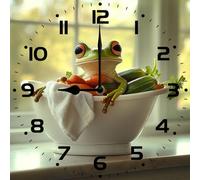 Vdenvileye Frog Bathtub Funny Wall Clock 25cm Wooden Square Silent Bathroom Clock Battery Powered No Ticking for Bathroom Kitchen Living Room