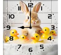 Vdenvileye Funny Bathroom Wall Clock Cute Little White Rabbit Taking Bath in Bathtub 25cm Square Clock Battery Powered Silent No Ticking Suitable for Bathroom Kitchen Living Room